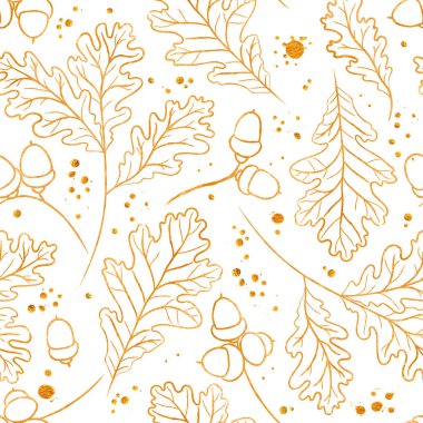 Altın meşe yaprağı ve meşe palamudu siluetleriyle kusursuz raster deseni. Selamlama, davetiye, ambalaj kağıdı, tekstil, düğün ve web tasarımı için mükemmel.