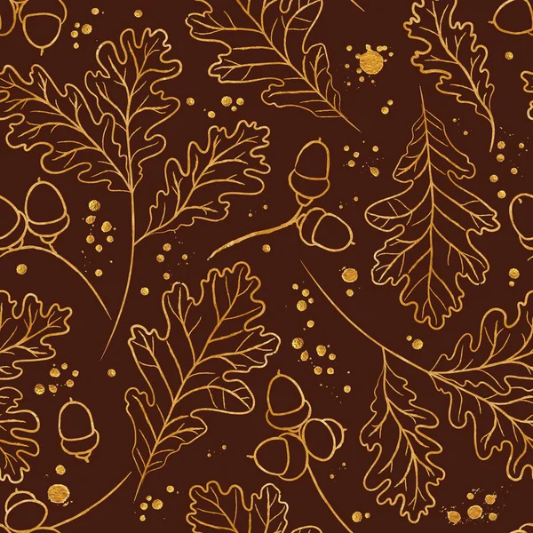 Altın meşe yaprağı ve meşe palamudu siluetleriyle kusursuz raster deseni. Selamlama, davetiye, ambalaj kağıdı, tekstil, düğün ve web tasarımı için mükemmel.