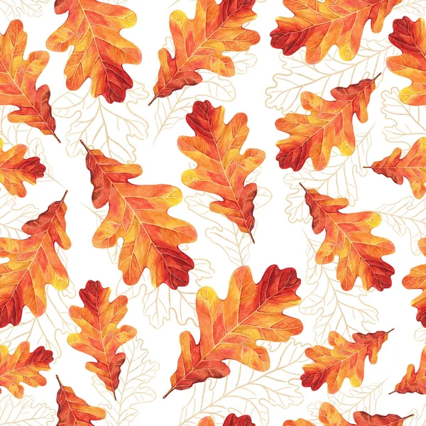 Nahtloses Rastermuster Mit Aquarellierten Eichenblättern Herbst Goldene Silhouetten Perfekt Für — Stockfoto