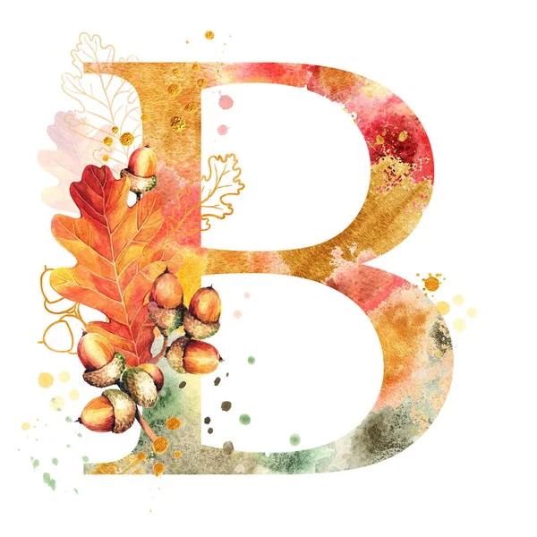 Fall Watercolor Letter Watercolor Autumn Alphabet Monogram Autumn Oak Leaves — Stock Photo, Image