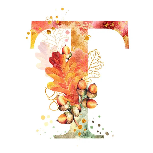 Fall Watercolor Letter Watercolor Autumn Alphabet Monogram Autumn Oak Leaves — Stock Photo, Image