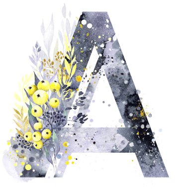 Suluboya Harf A Gölgeler ve Gün Işıkları. Yılın Renkleri 2021 Ultimate Gray ve Aydınlatıcı Sarı. Sarı elmalar, gri lekeler ve altın / beyaz / sarı lekeler. Monogram A.