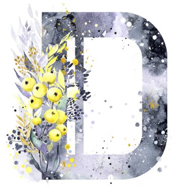 Suluboya D harfi gölgeler ve güneş ışığı. Yılın Renkleri 2021 Ultimate Gray ve Aydınlatıcı Sarı. Sarı elmalar, gri lekeler ve altın / beyaz / sarı lekeler. Monogram D.