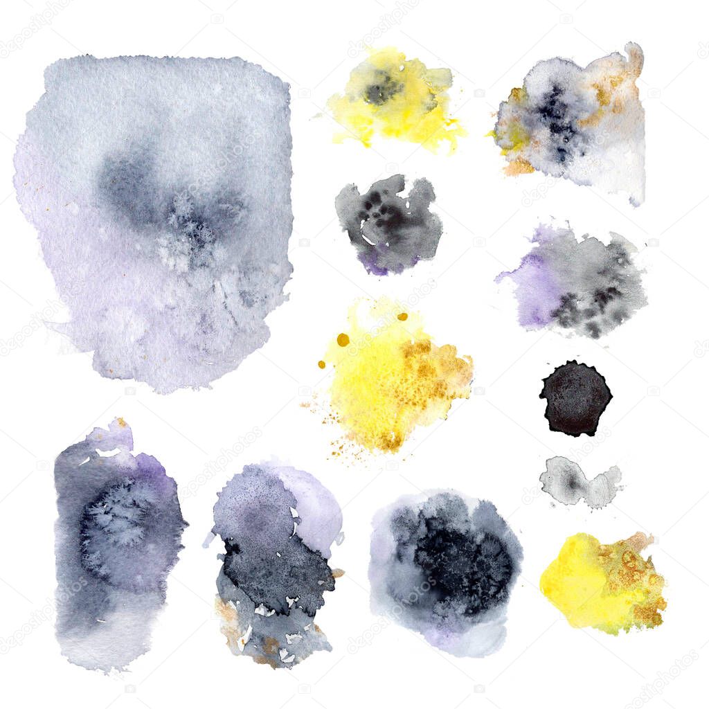 Watercolor blots, spots and splashes. Watercolor illustration Colors of the Year 2021 - Ultimate Gray and  Illuminating Yellow. 