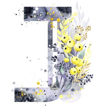 Suluboya Harf J Gölgeler ve güneş ışığı. Yılın Renkleri 2021 Ultimate Gray ve Aydınlatıcı Sarı. Sarı elmalar, gri lekeler ve altın / beyaz / sarı lekeler. Monogram J.