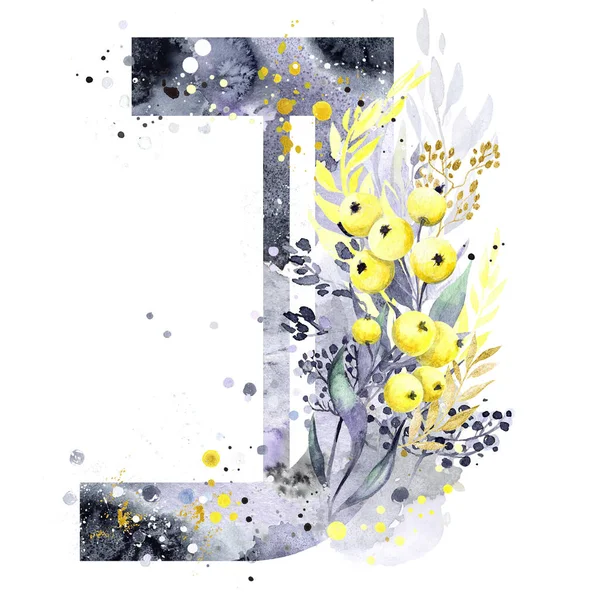 Suluboya Harf J Gölgeler ve güneş ışığı. Yılın Renkleri 2021 Ultimate Gray ve Aydınlatıcı Sarı. Sarı elmalar, gri lekeler ve altın / beyaz / sarı lekeler. Monogram J.