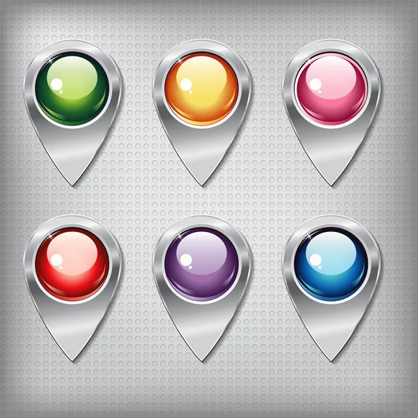 Set of metallic map pointers with colored shiny buttons — Stock Vector