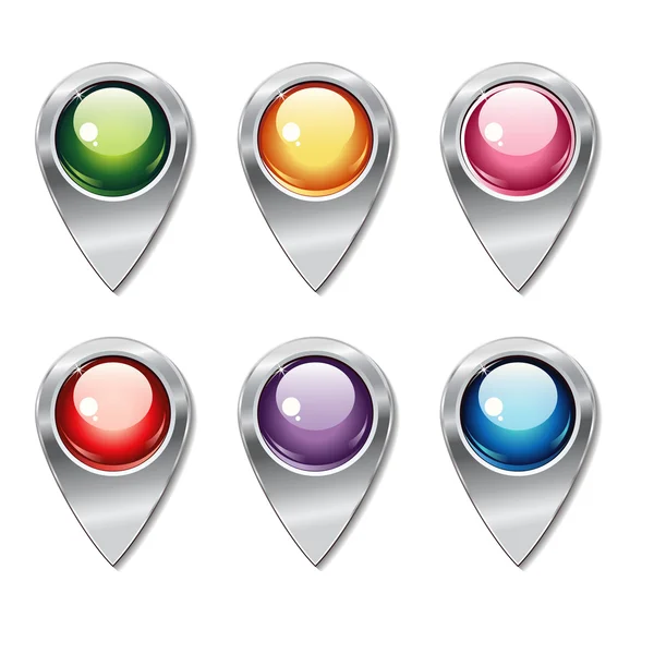 色の光沢のあるボタンを持つ金属マップ ポインターのセット — ストックベクタ