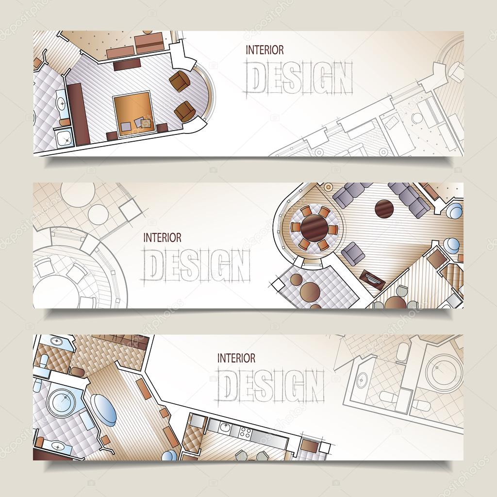 Set of horizontal banners with architectural plan