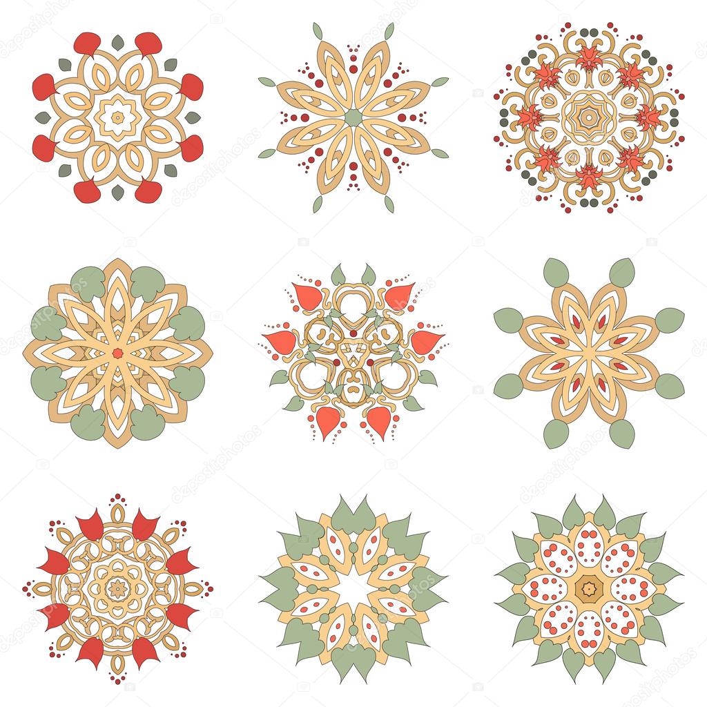 Set of nine floral circular design elements