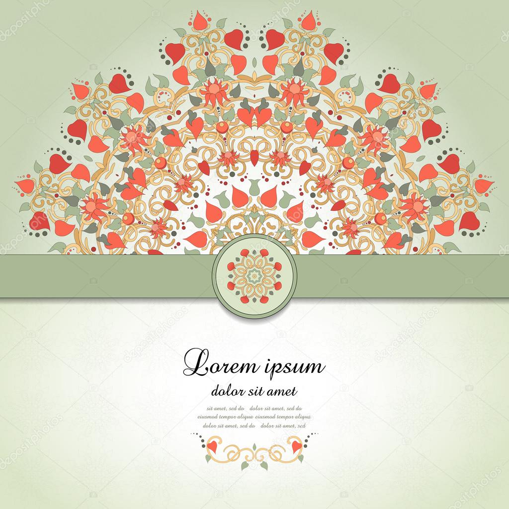 Vector card with round floral pattern and ribbon.