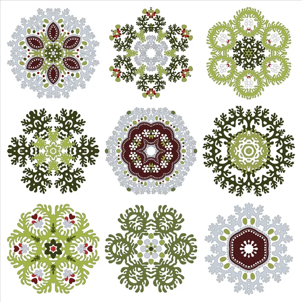 Conjunto vectorial de nueve elementos florales de diseño circular aislados en w — Archivo Imágenes Vectoriales