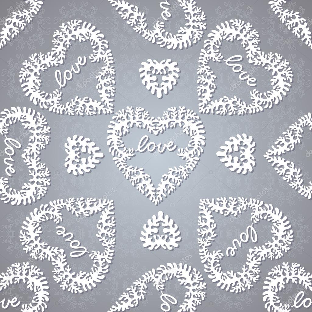 Seamless background with lacy hearts and lettering.