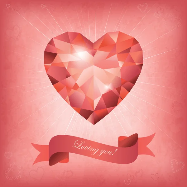 Tarjeta Geeting con corazón de diamante, luces y cinta . — Vector de stock