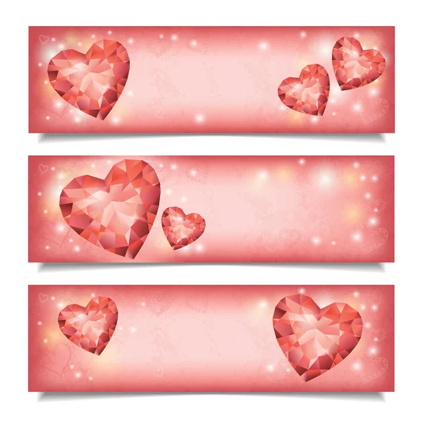 Uppsättning av horisontella banners med diamond hjärtan — Stock vektor