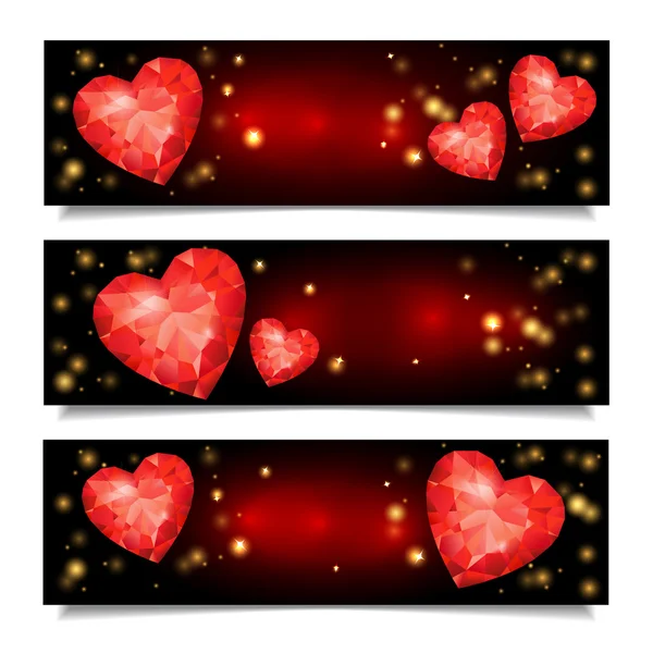 Conjunto de pancartas horizontales con formas de corazón de rubí rojo — Vector de stock