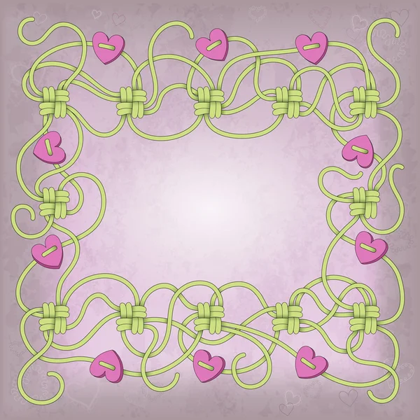 Tarjeta con marco de cuerdas, nudos y cuentas en forma de corazón — Vector de stock