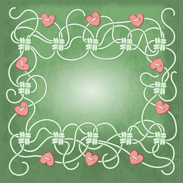 Karte mit Rahmen aus Seilen, Knoten und Perlen in Herzform — Stockvektor