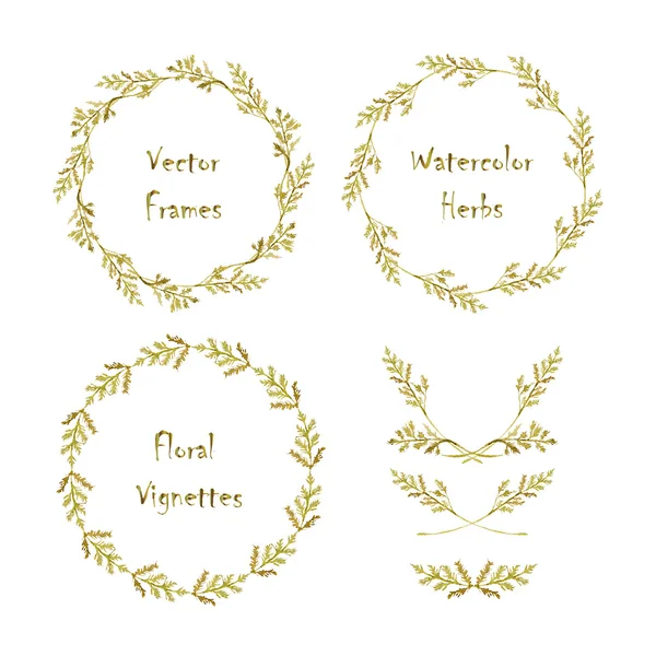 Set of round frames and vignettes made of watercolor herbs — Stock Vector