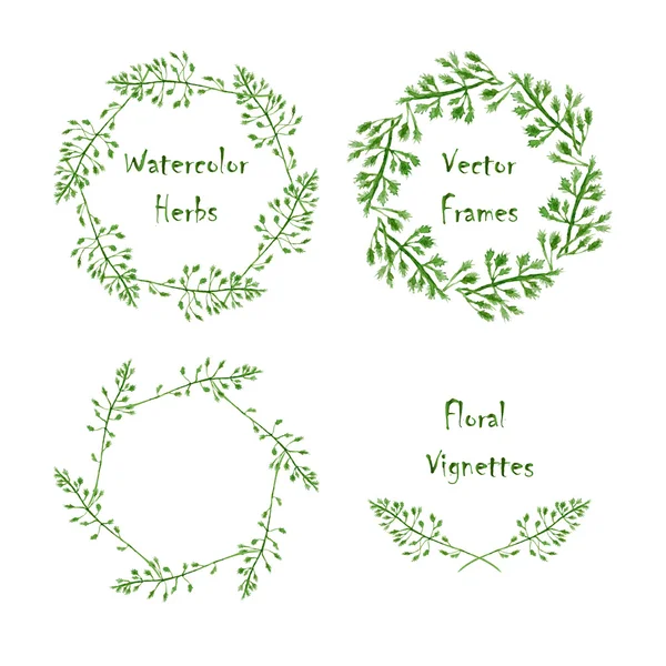 Set of round frames and vignettes made of watercolor grass — Stock Vector