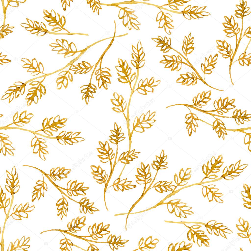 Seamless vector pattern with watercolor golden herbs on white ba