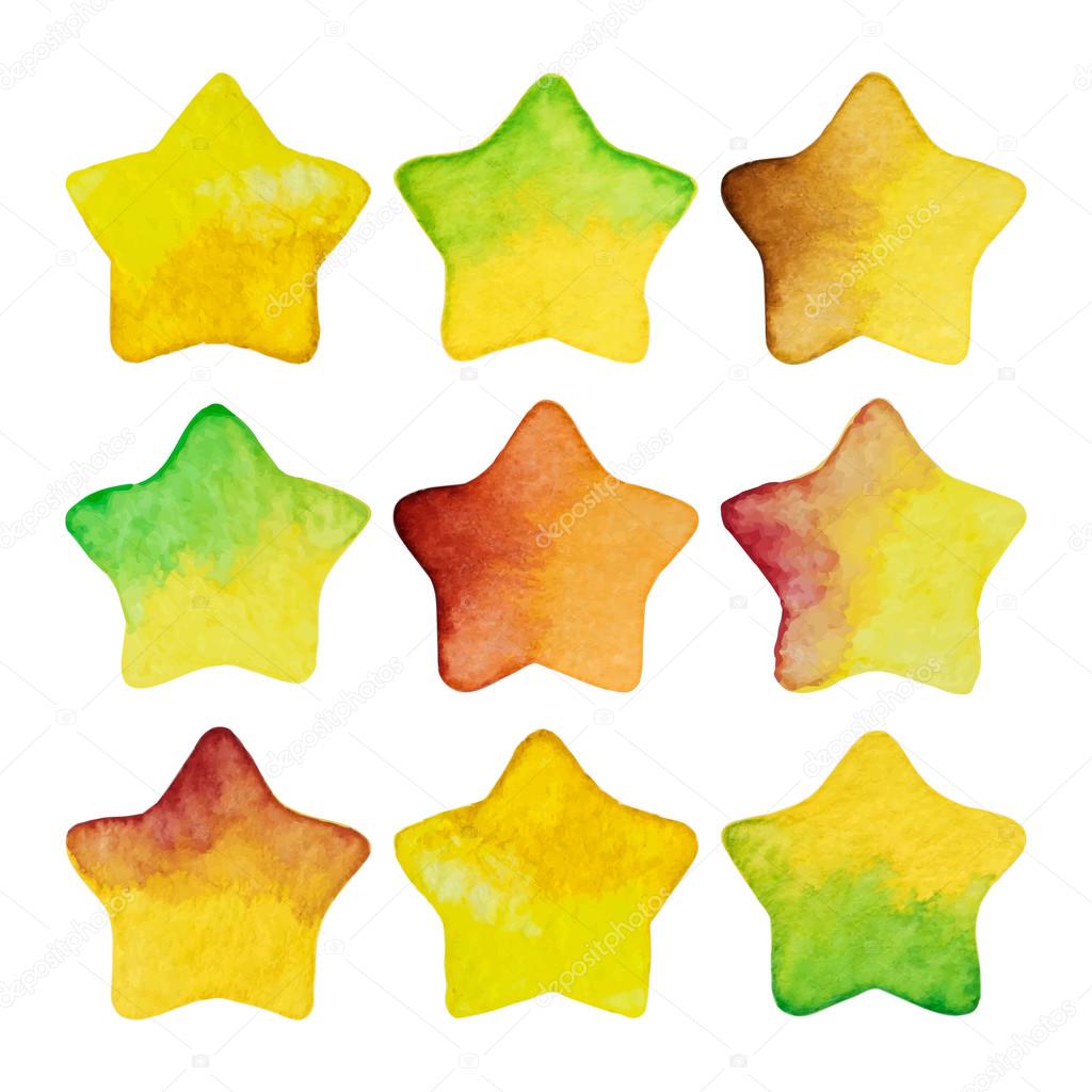 Set of colored watercolor vector stars isolated on white