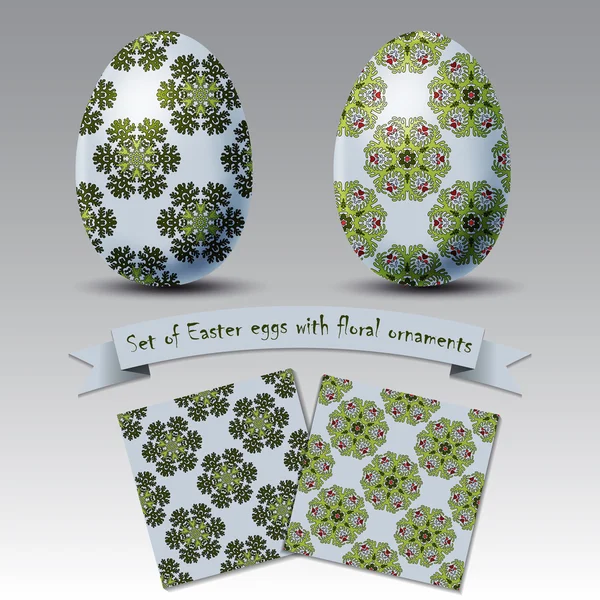 Uppsättning av realistiska ägg med blommig ornament — Stock vektor