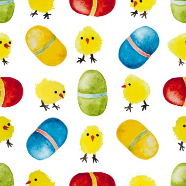 Seamless background with watercolor chickens and eggs.