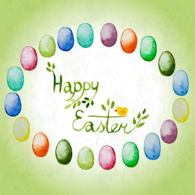 Easter card with watercolor colorful eggs and lettering.