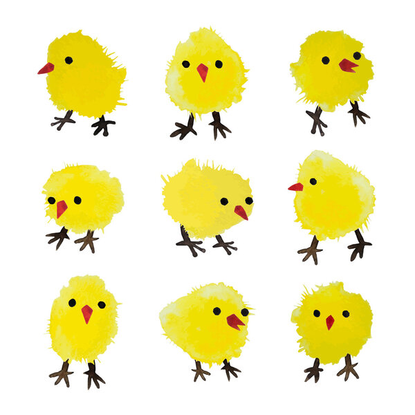 Set of vector watercolor chickens isolated on white background