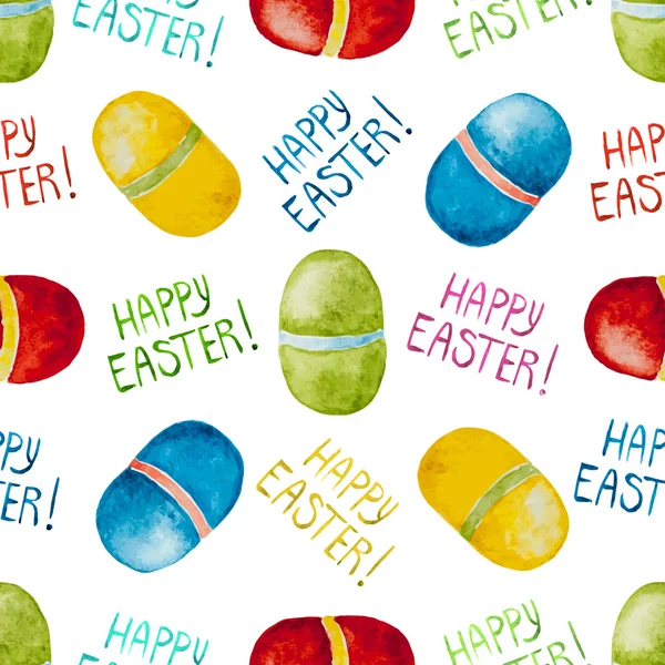 Seamless background with watercolor colorful eggs and lettering — ストックベクタ