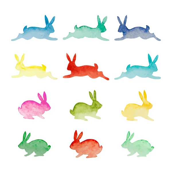 矢量水彩多彩兔白色背上分离出的一套 — 图库矢量图片