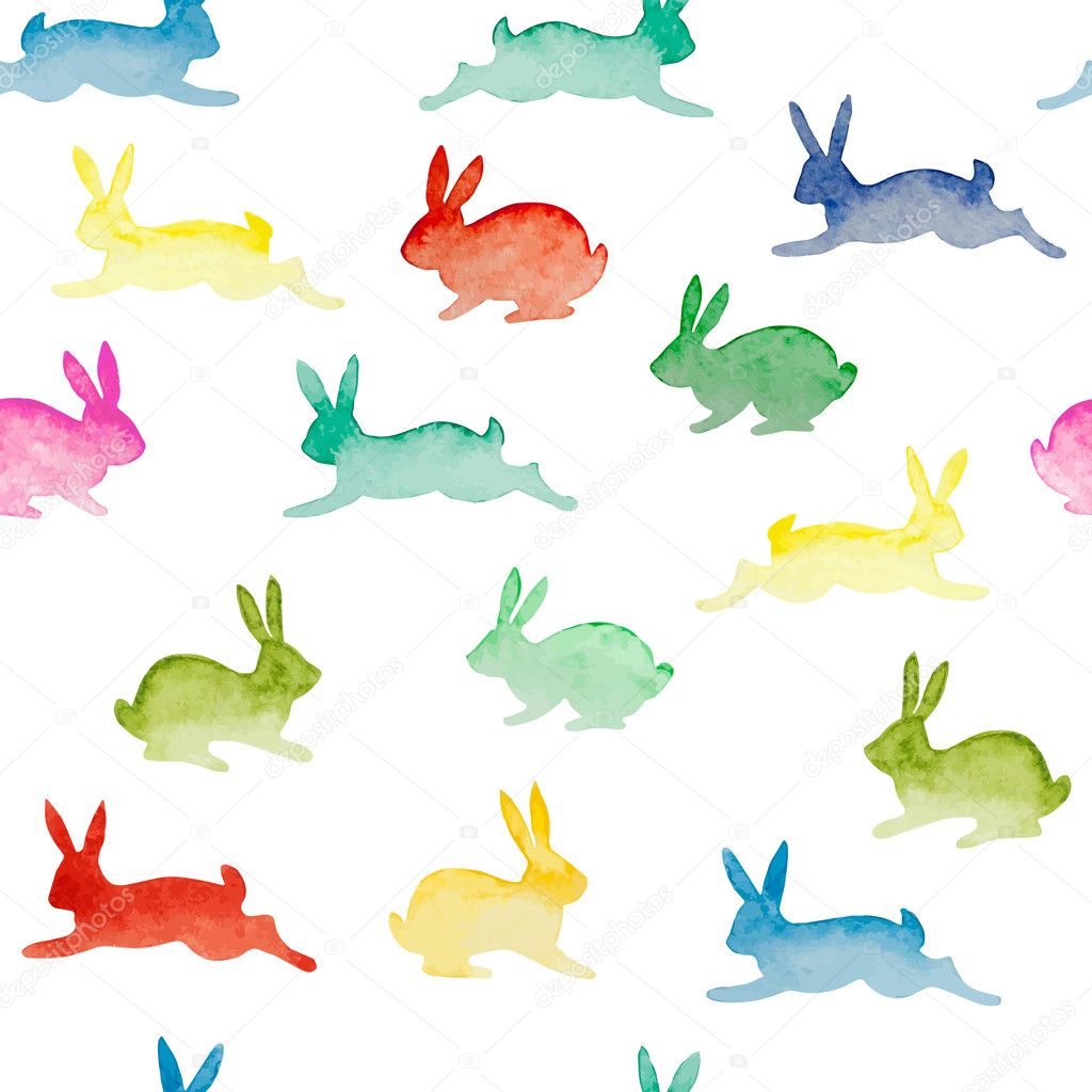 Seamless background with watercolor colorful rabbits