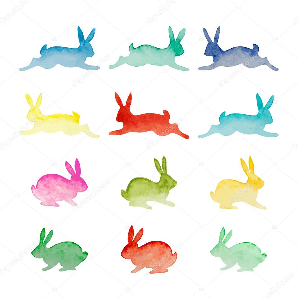 Set of vector watercolor colorful rabbits isolated on white back