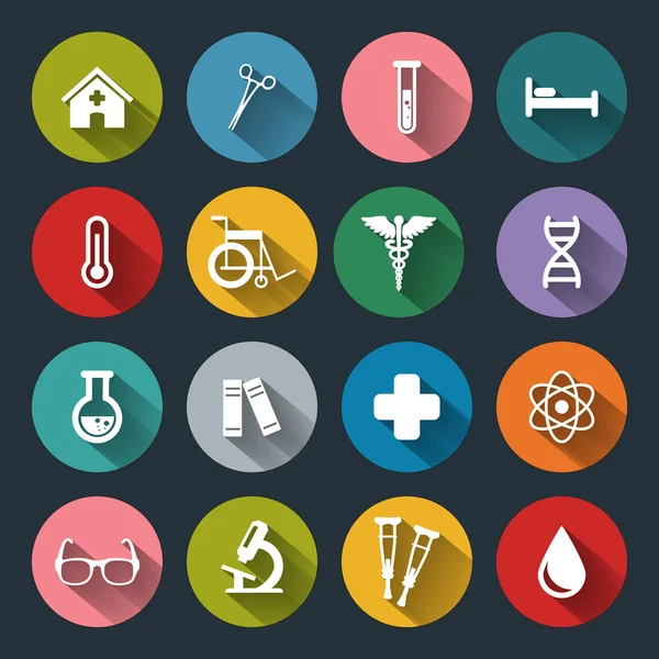 Set de vectores Iconos médicos en estilo plano con largas sombras — Vector de stock