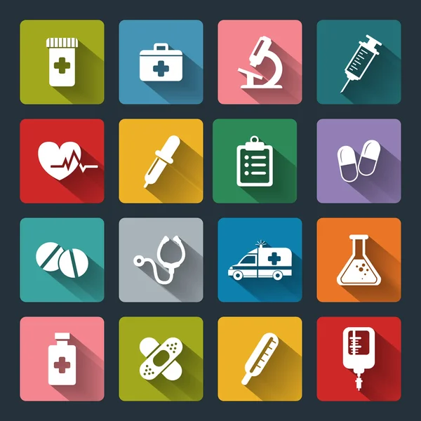 Set de vectores Iconos médicos en estilo plano con largas sombras — Vector de stock