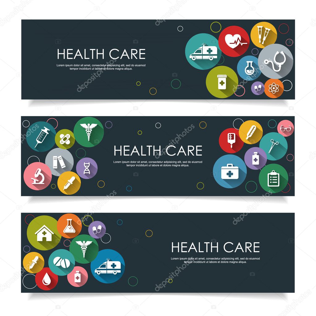 Set of horizontal  banners with vector Medical Icons in flat sty