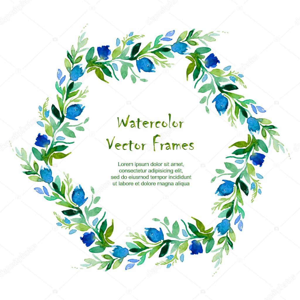 Vector round frame with watercolor Geranium leaves and flowers.
