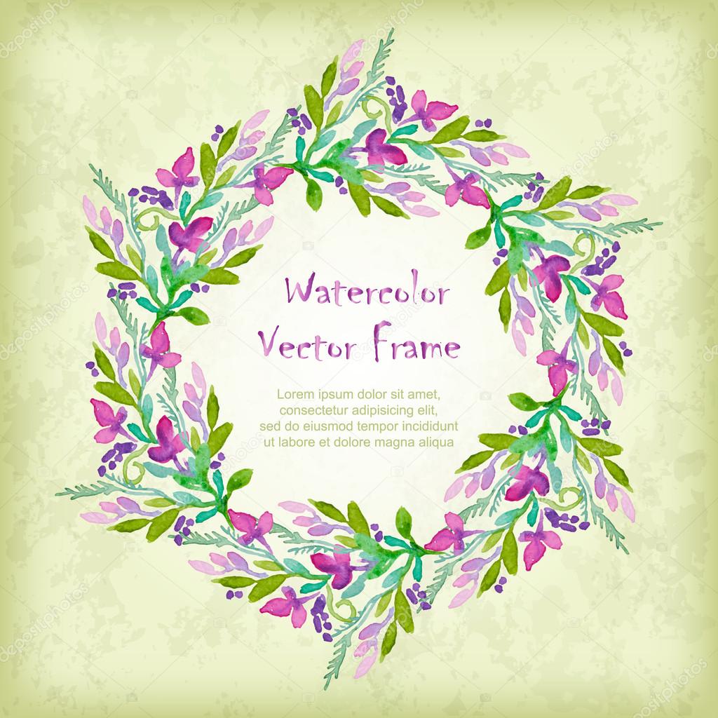 Vector round frame with watercolor  flowers.
