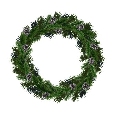 Realistic wreath of fir branches with  pine cones