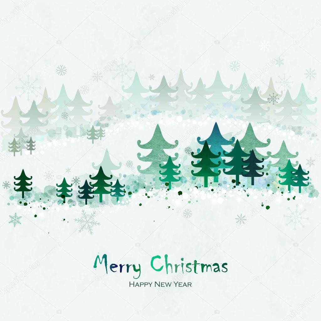 Merry Christmas and Happy New Year Greeting Card with fir trees