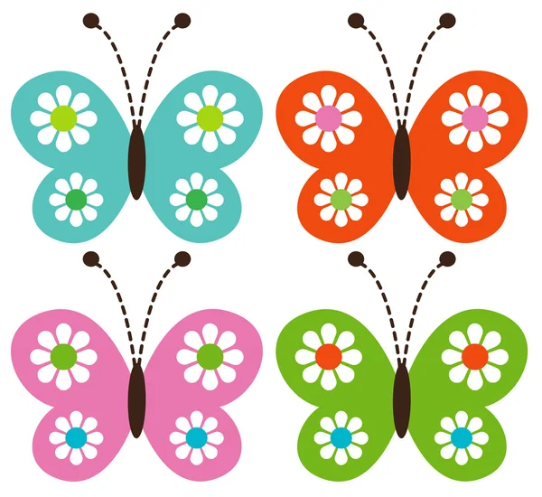 Borboletas coloridas com conjunto de flores —  Vetores de Stock