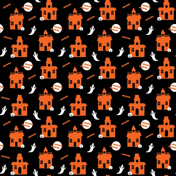 Seamless Haunted House Ghosts Bats Halloween Vector Pattern — Stock Vector