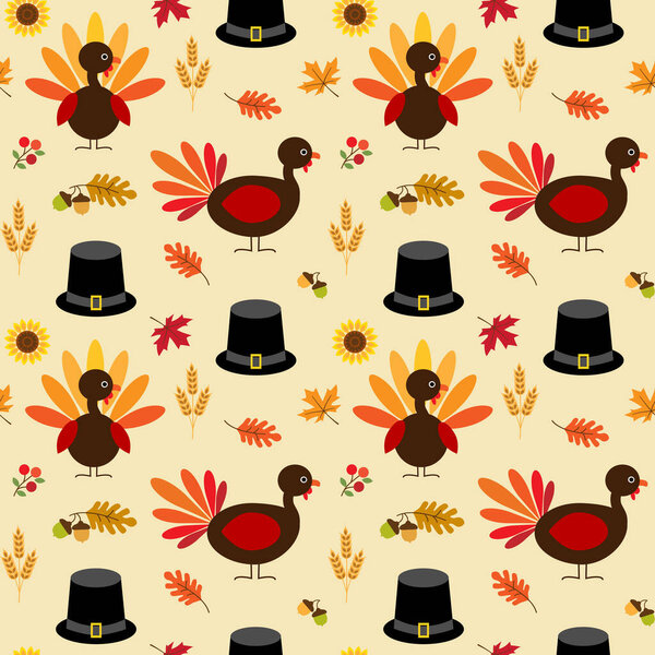  seamless cute thanksgiving turkey pilgrim hat leaves acorns pattern