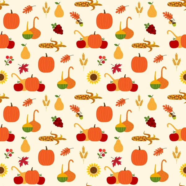 Modèle Automne Sans Couture Avec Citrouilles Gourdes Fruits Maïs Feuilles — Image vectorielle