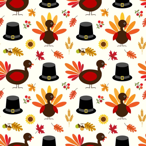 感恩节无缝图案与可爱的火鸡叶子和朝圣的帽子 — 图库矢量图片