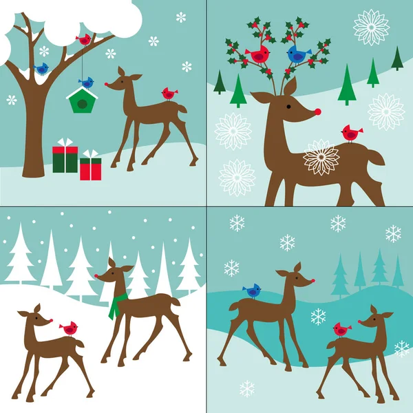 Winter Graphic Vector Illustrations Deer Birds — Stock Vector
