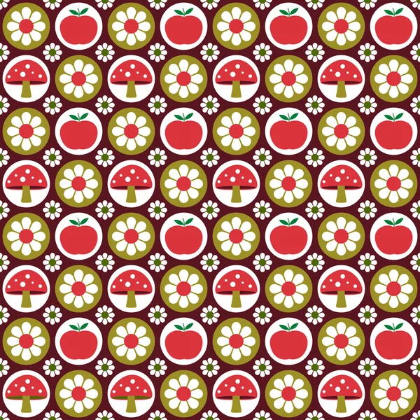 Apples Mushrooms Daisy Retro Seamless Pattern — Stock Vector