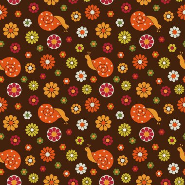 Retro salyangoz ve çiçekler pürüzsüz desen