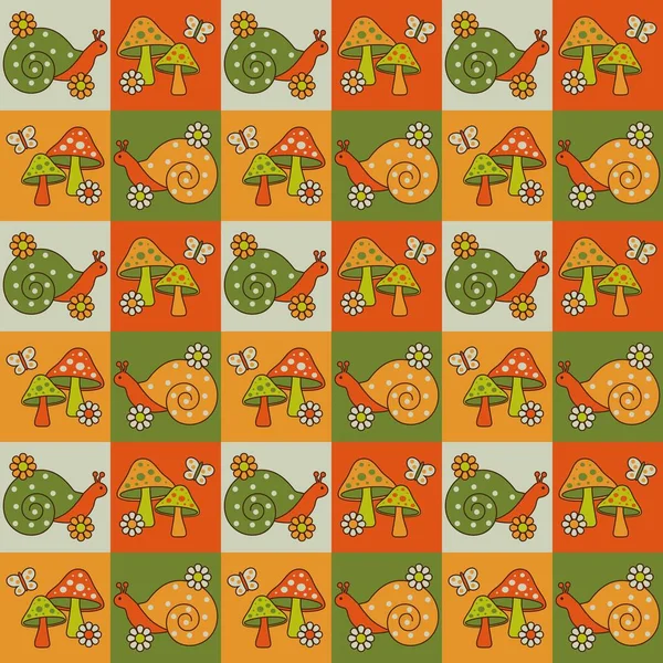 Snails Mushrooms Flowers Butterflies Seamless Pattern — Archivo Imágenes Vectoriales